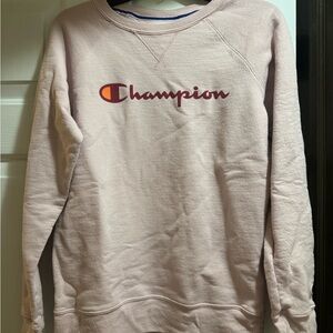 Champion Pale Pink Crewneck Sweatshirt with Burgundy Logo and Orange Accent
